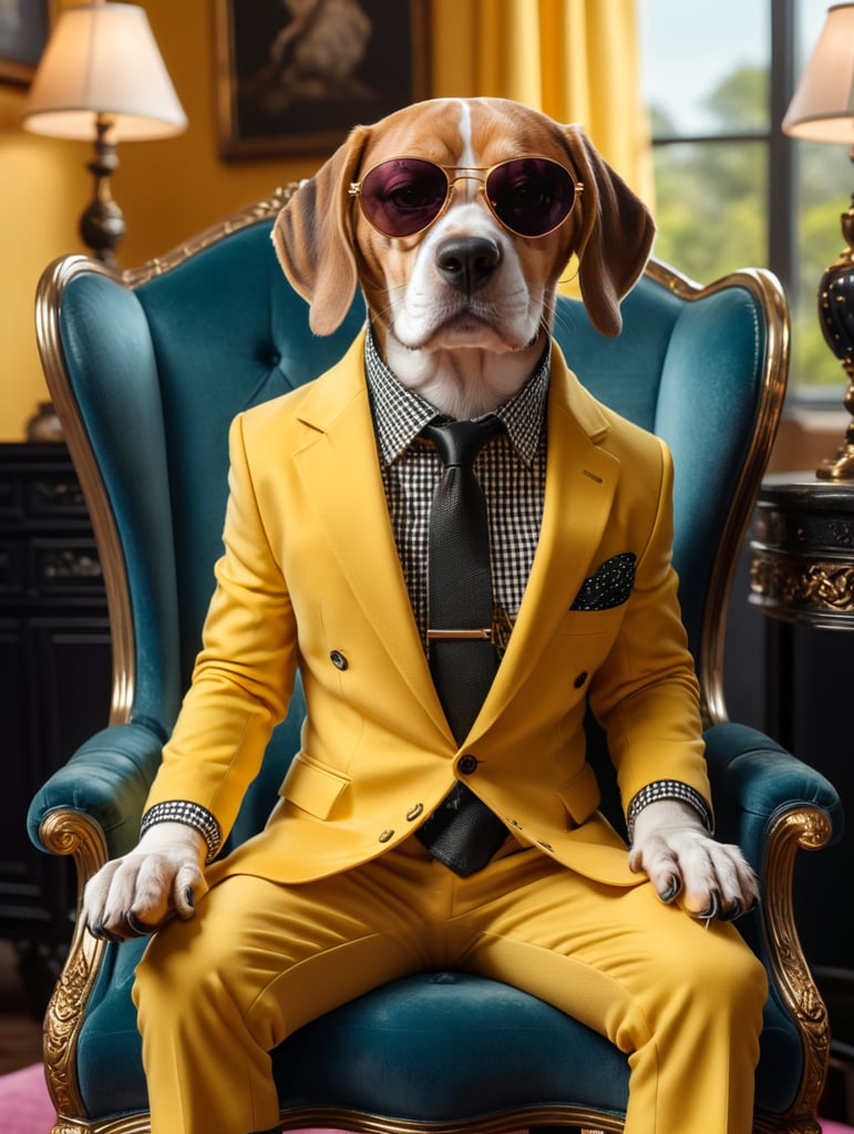 a sleek looking beagle puppy, sitting on a tufted pink velvet chair with, bright yellow background, wearing an expensive 3 piece checkered suit, with very large dark sunglasses, hands in lap, full body with black shiny shoes, black leather gloves, black leather shoes, facing front, super crisp, photographic canon 80d, daylight, bold, fantastic