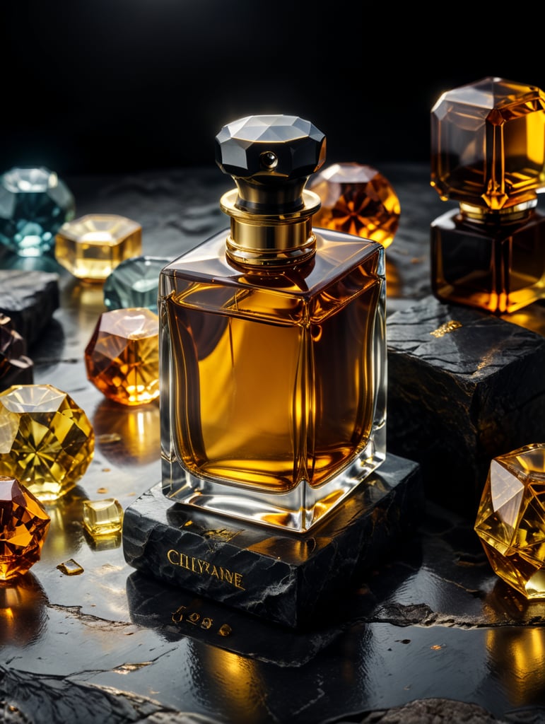 professional photography of a luxury perfume, square bottle, surrounding an amber gems, yellow satin scarf on a background, no label, clear, mockup