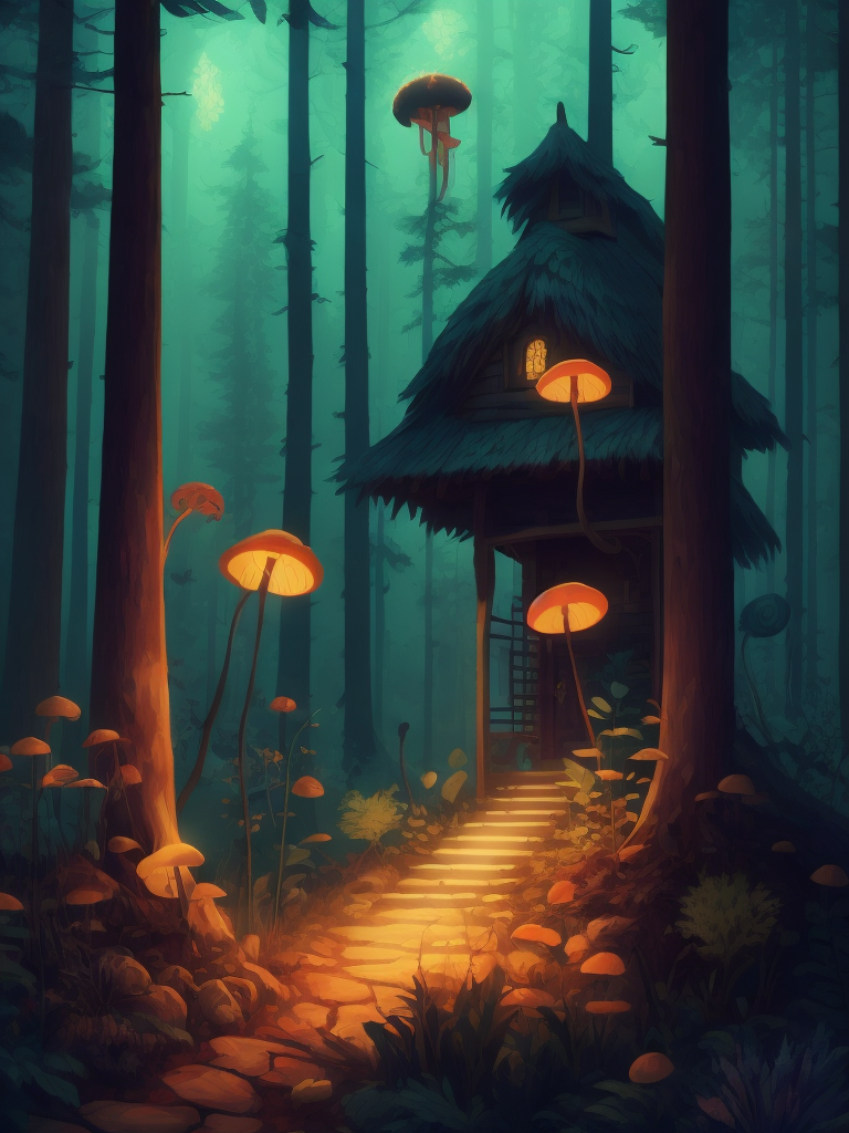 The house in the forest, dark night, leaves in the air, fluorescent mushrooms, animals, gibli, atey ghailan, lois van baarle, jesper ejsing, ernst haeckel, pop art patterns, exquisite lighting, clear focus, very coherent, very detailed, contrast, vibrant, digital painting