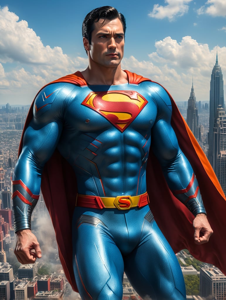 Portrait of the 1940s Superman in a sky blue suit with a superman logo on the chest, orange belt, dark red cape, red boots, city in the background, blurry background, professional shot, bright saturated colors, sharp focus, highly detailed