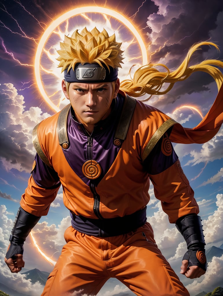 Naruto Uzumaki in his iconic orange jumpsuit, his spiky yellow hair whipping in the wind as he readies himself for battle. His eyes, vibrant and full of determination, are closed tightly, focusing on the chakra within him. The background is a rich, deep purple, adorned with swirling clouds and lightning bolts, reminiscent of the 80s anime style. The 2D style artwork is meticulously drawn, capturing every detail of Naruto's muscular physique and the intricate designs on his clothes. The image is of high quality, showcasing the distinctive features of the Naruto art-style.