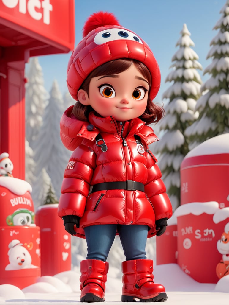 full body girl in a red glossy puffer jacket with bulky belt and massive zipper tab around waist and red glossy down puffer boots