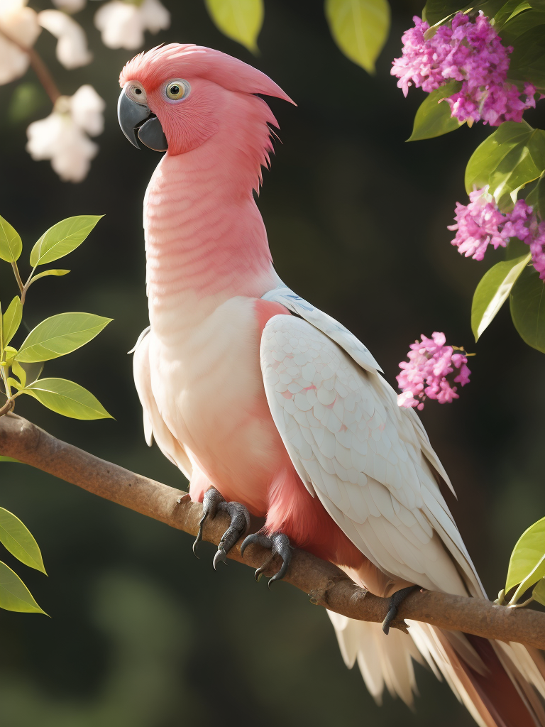 pink and white cest galah cockatoo bird in a tree with green leaves and flowers, fantasy animation, for children book illustration, cute big circular reflective eyes, pixar render, Vibrant colors, Depth of field, Incredibly high detail