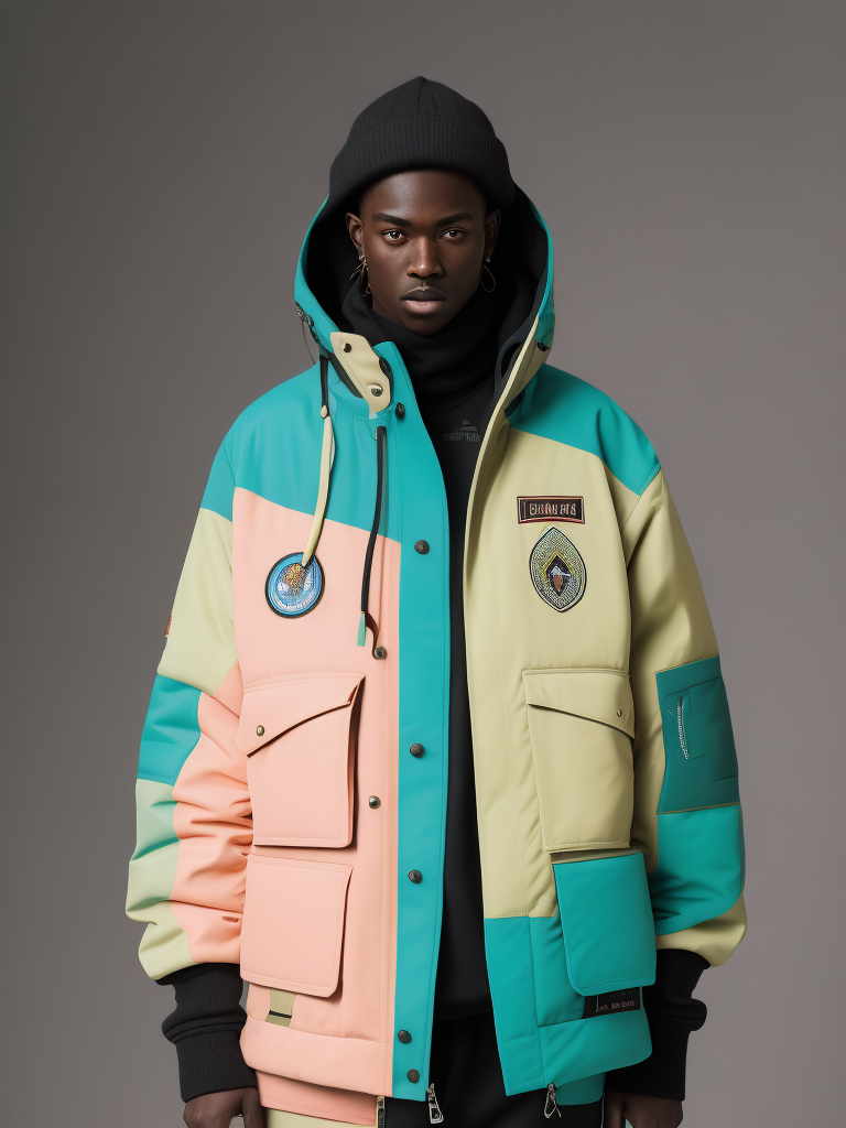 Full body view of a heavily pastel colored yeezy inspired work jacket, which is also inspired by the following brands, arcteryx, off-white, gore-tex, canada goose, rhude and vetements