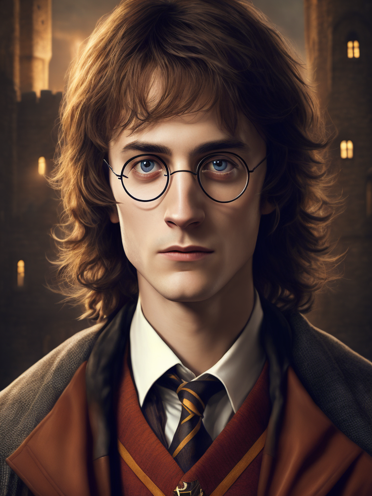 Portrait of Harry Potter in medieval style, detailed face, contrasting light, Against the backdrop of the castle,