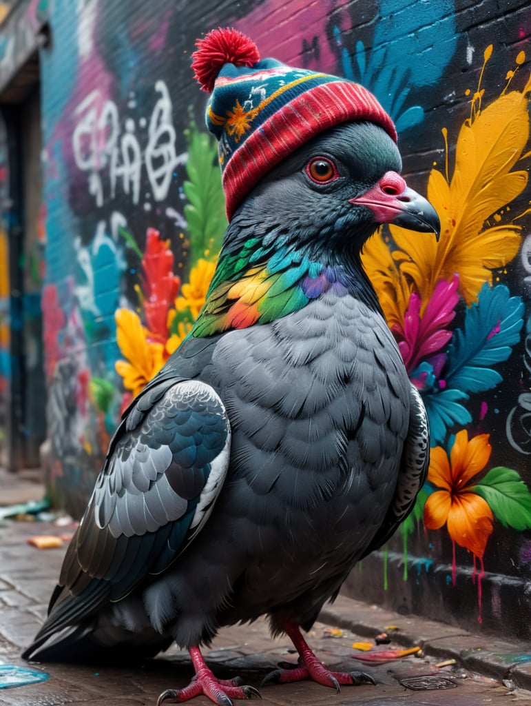 graffiti writer pigeon wearing a beannie with spraycan in in mexico city