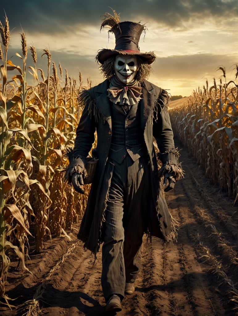 By Tim Burton, spooky Halloween eve, Tom Hanks embodying a whimsical yet eerie scarecrow, haunted cornfield, surreal horror, Halloween charm, cinematic photography, action shoot, movement, epic, high definition