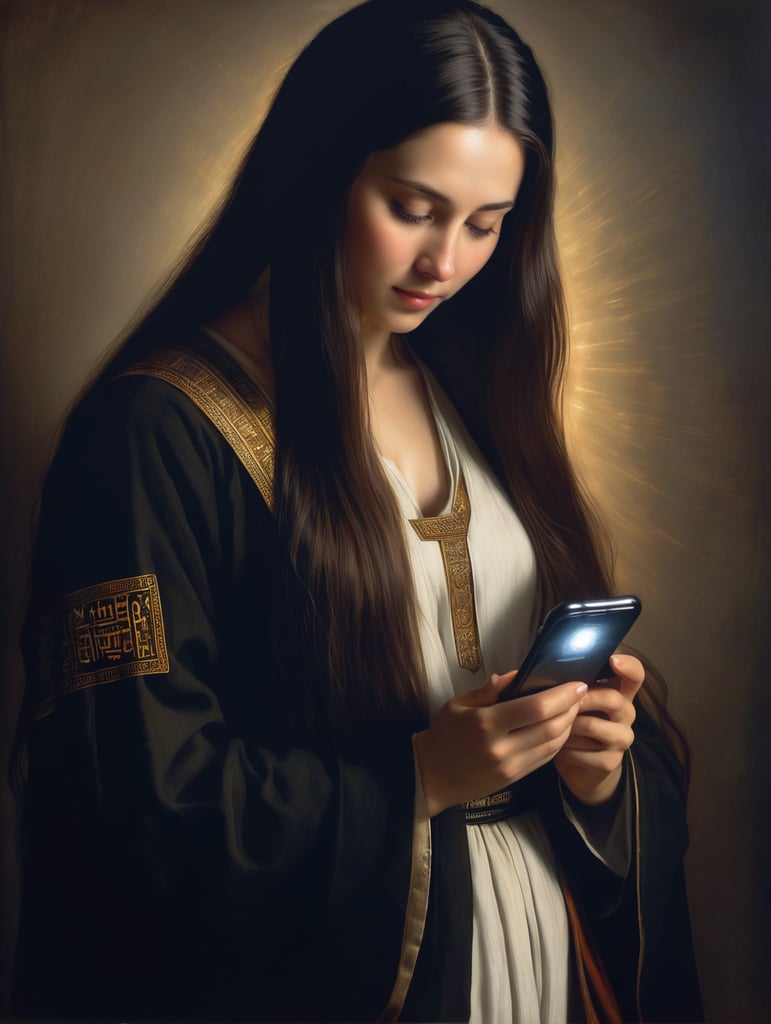 A masterpiece painting by Rembrandt Van Rijn of a saint young beautiful woman, with long straight hair, using an smartphone that lights up her face, an hebrew text coming out of it