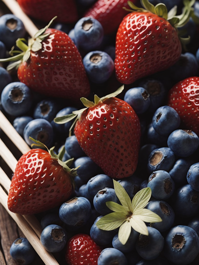 земляника, черника нанизаны на соломинке, солнце