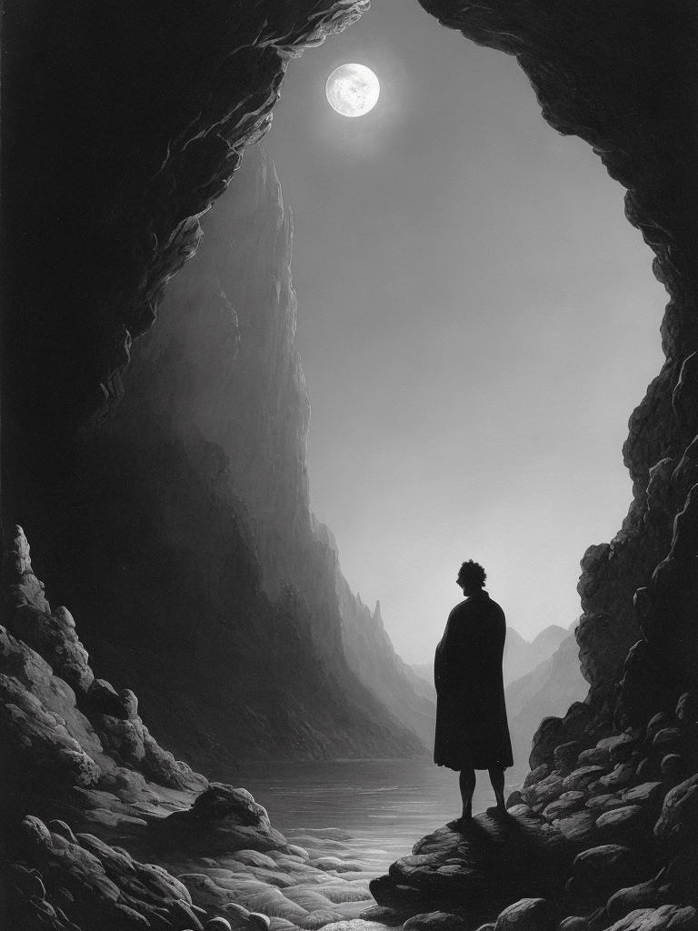 black and white illustration of a man standing in a cave looking at the moon by Gustave Dor