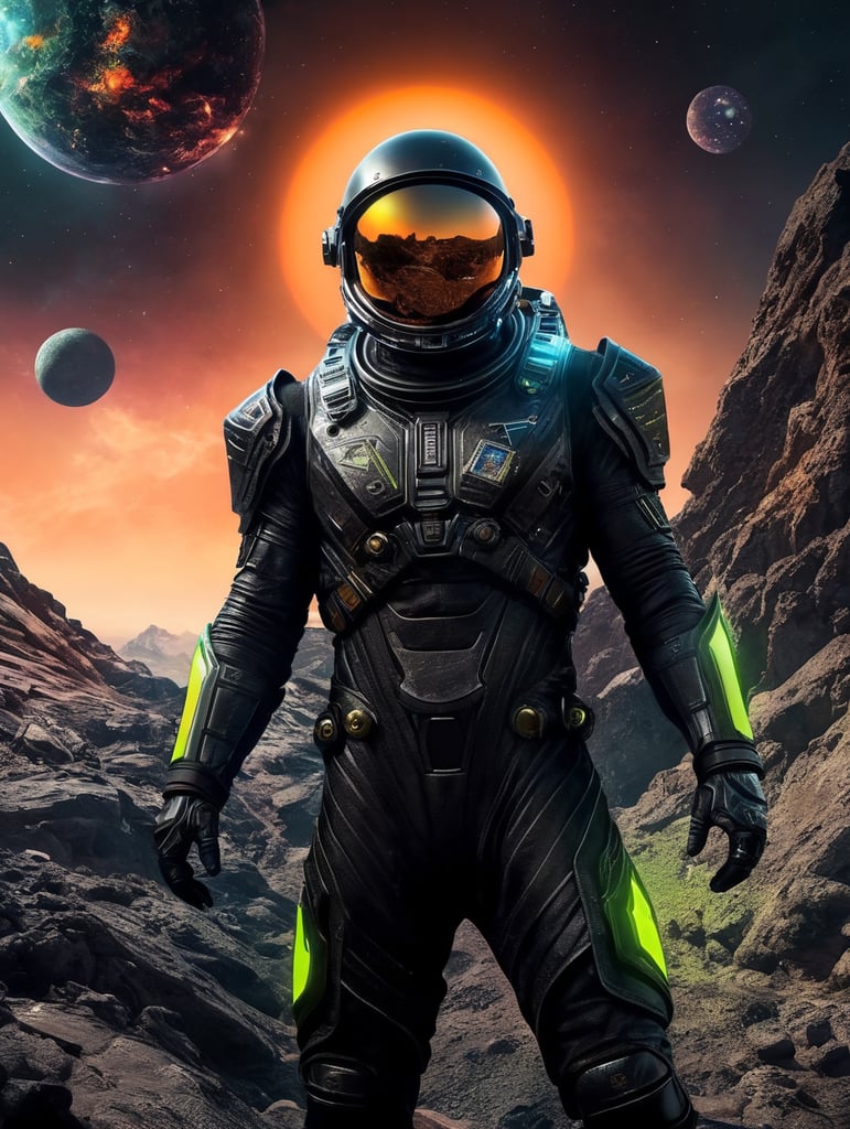 Space traveler in a black rock in middle of the universe. futuristic slim Astronaut suit with neon futuristic unique helmet , super hero style suit, warrior style suit, energy blast in the background, space war, more neon, energy explosion, fluor colours