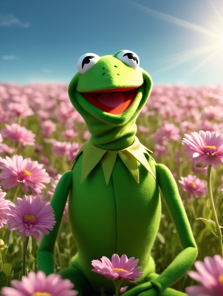 Kermit the frog, happy, light, surrounded by a blue sky on a flower field. a beautiful light theater stage cinematic lighting, Ultra 4k HD