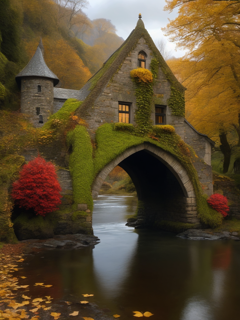 cinematic masterpiece, giant massive moss covered irish stone fantasy cottage built on top of huge archway spanning across a river shamrock, autumnal ivy gradient