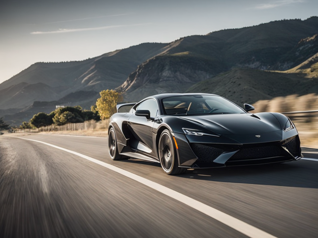 A luxurious sports car in a glossy black finish, speeding on an open road