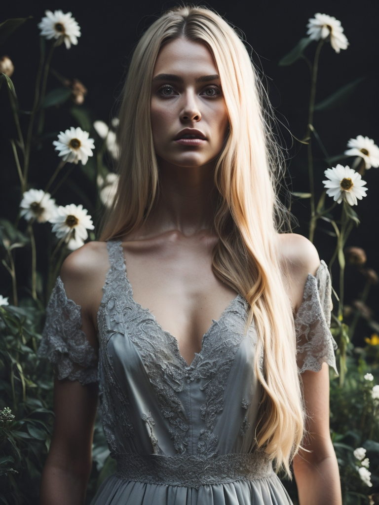 A beautiful woman model with blonde hair. She is standing tall. She is dressed in a long light-colored dress adorned with various delicate and light-colored flowers.