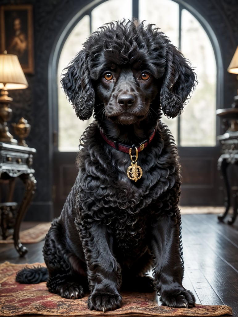 è un cane di razza barboncino nero ricciolino