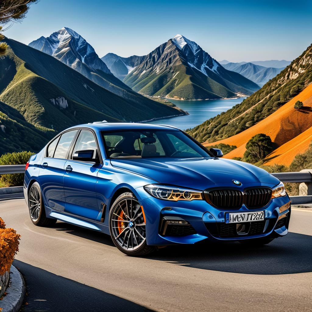 A beautiful BMW Sedan standing on the mountain road,Car Bonnet Stripes Graphics Hood, blue sea in the background of car, highly detailed car,highly detailed orange line on the car bonnet, highly detailed matt finish colour, highly detailed Alloy Wheels, Orange road, ultra realistic, photorealistic, 32k.