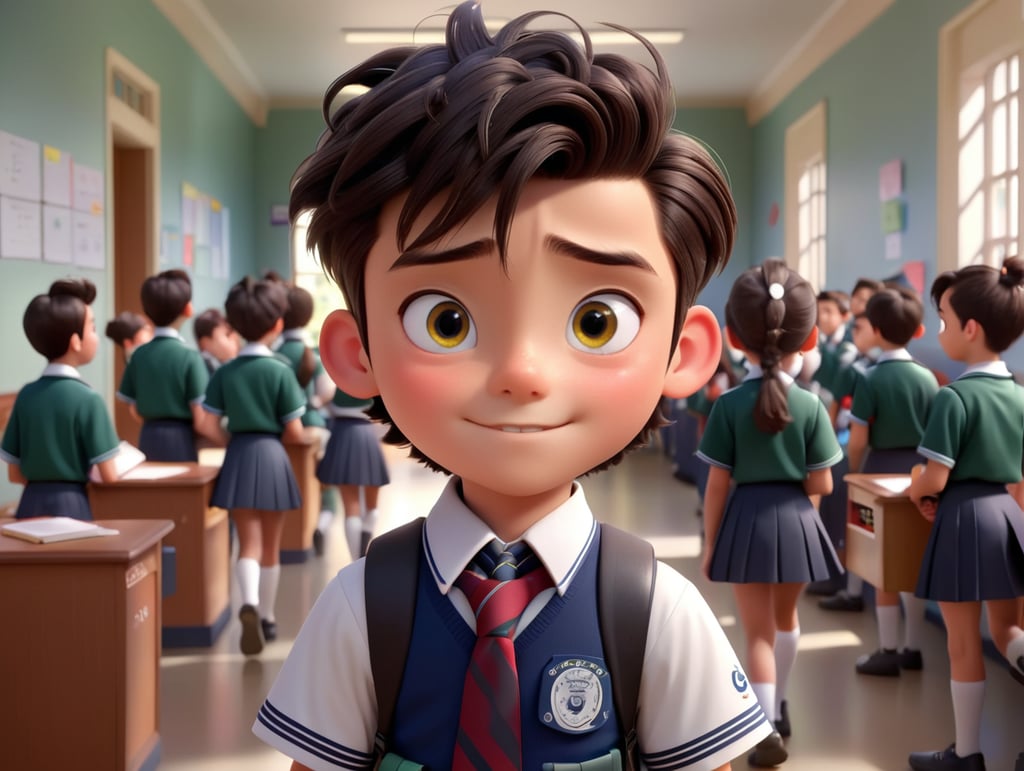 Disney pixar 3 Okul koridorunda bir erkek masanın başında bekliyor elinde notlar var saçları iyi yandan ayrılmış gözleri çekik yüzü çok güzel karşıdan bir kız geliyor saçı yukardan bağlı üstünde okul forması var bir an göz göze geliyorlar kızın heyecandan kalbi duracak gibi oluyor