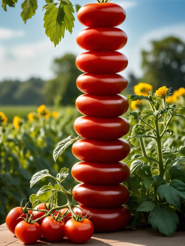 several red tomatoes stacked together forming a ketchup bottle with some leaves around it, beautiful tomato plantation in the background and a blue sky, short grass and yellow flower, creamy light, ambient lighting, beautiful colors