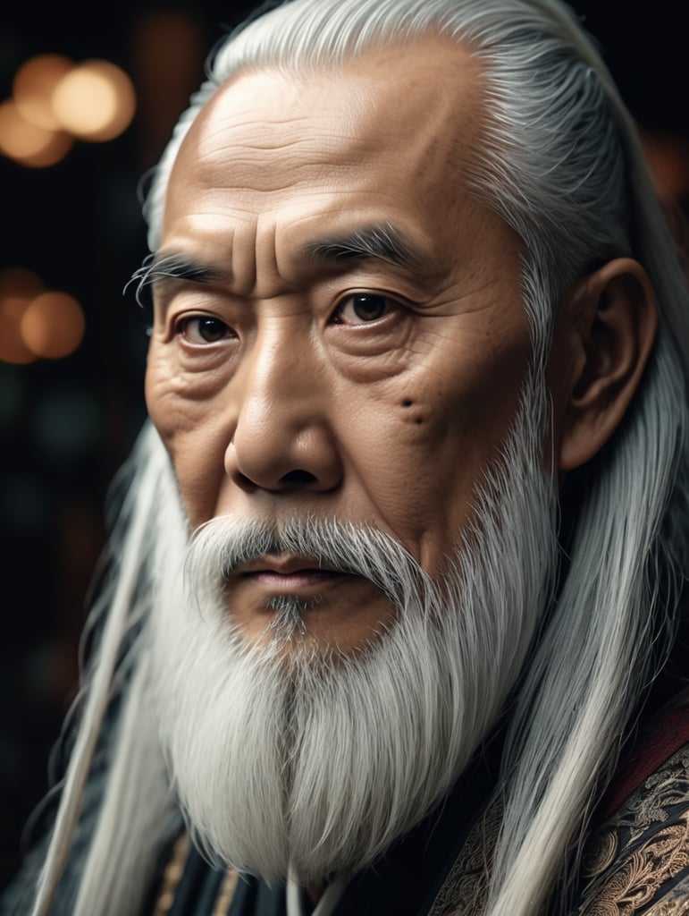 Wise old japanese man from tokyo with a long white beard, intricate, sharp focus, fantasy, cinematic lighting, other worldy, surreal 8k photo, dark moody aesthetic