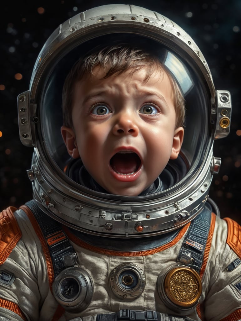 a child in a space suit with a surprised look on his face