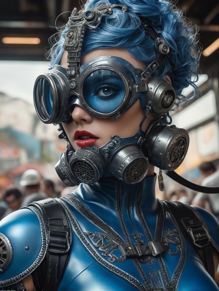 a hyperdetailed hyperrealist maximalist close up photograph of an abstract art surreal girl in a blue dress with a gasmask on in black leather and rubber with glass eyes, the girl has blue hair, maximalist, an image of immaculate quality and with stunning detail in high definition 8K and beyond