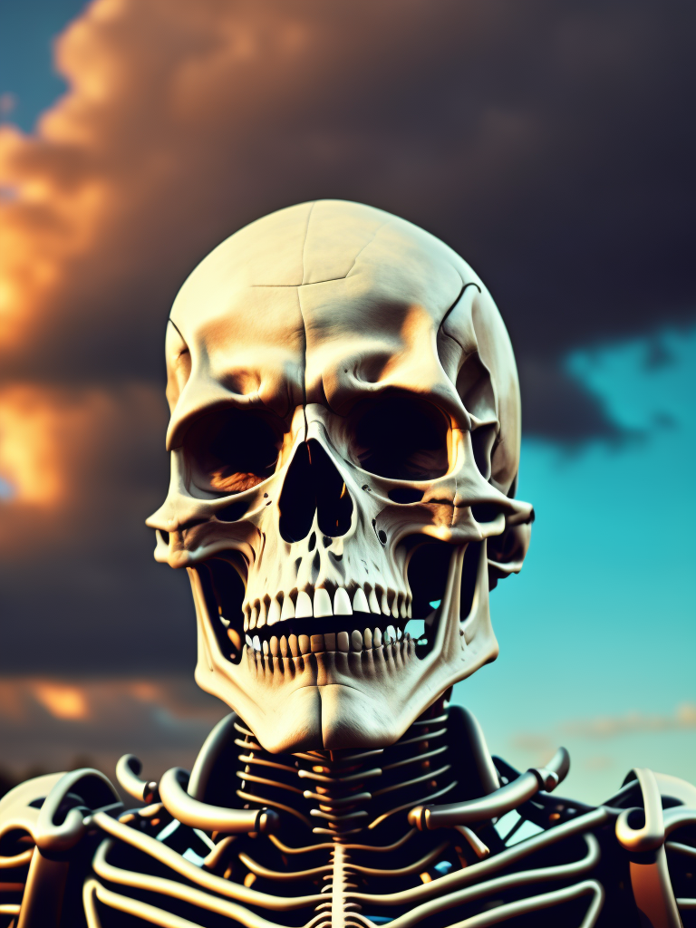 Portrait of a skeleton wearing a sui, gradient cloud background