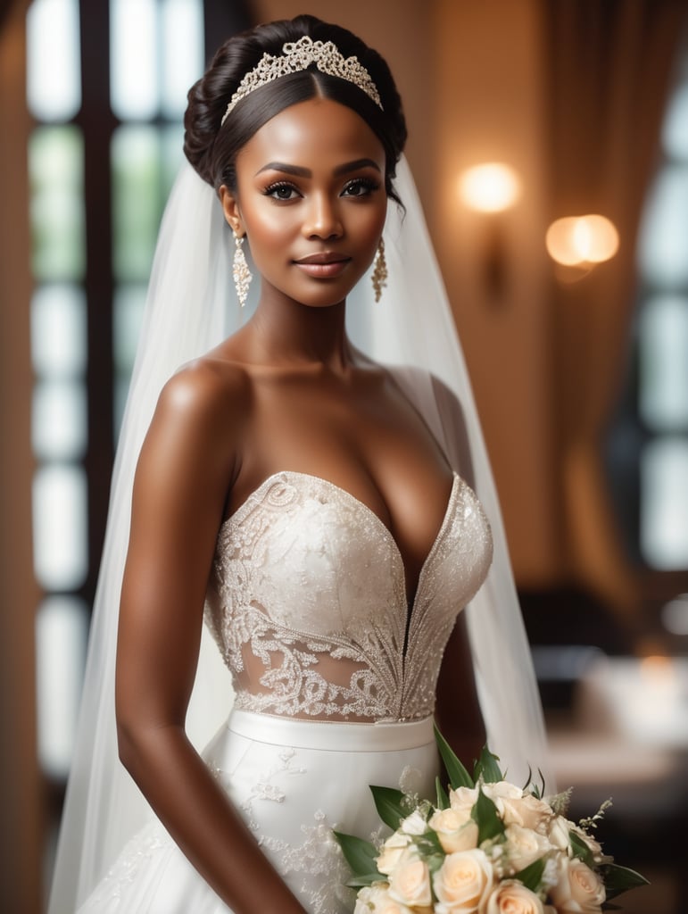 BRIDE IN LUXURY HOTEL WITH DETAILED RETOUCHED SKIN MAYBE BLACK BRIDE, BACKGROUND WITH BOKEH OF AMBIENT LIGHT, SKIN MAYBE CHOCOLATE , east african bride brown skin