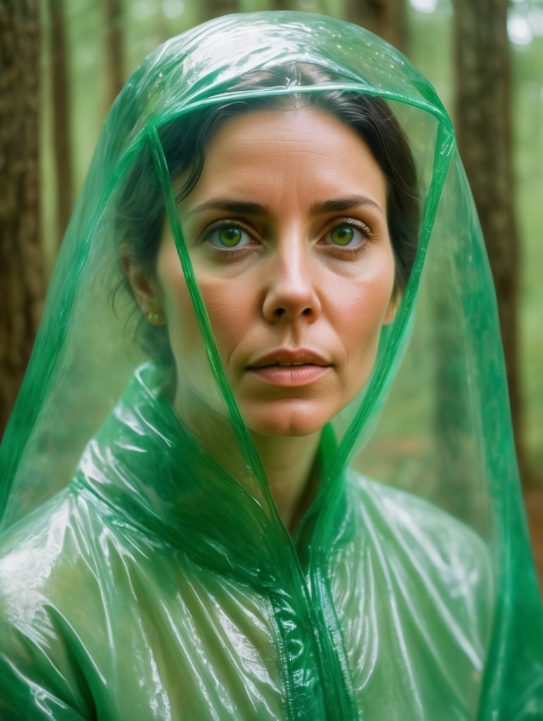 Portrait of a woman experiencing spiritual experience, wrapped green transparent plastic, Wes Anderson style