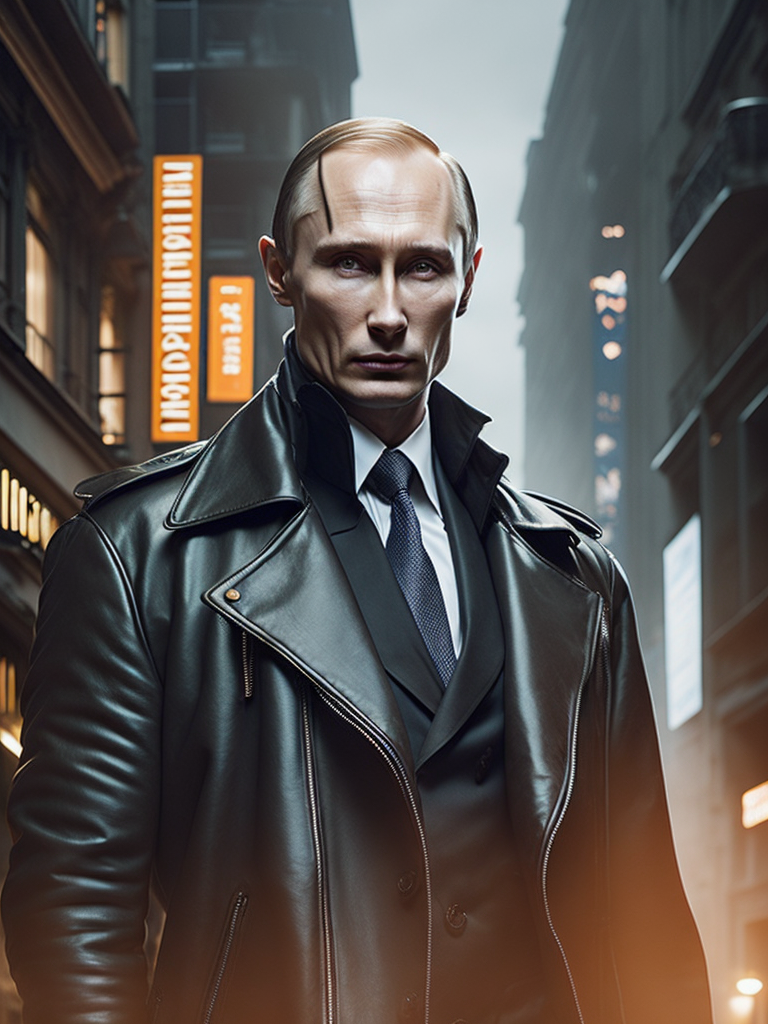 Vladimir Putin as model Balenciaga in a long black leather coat walking down the catwalk, high definition, photography, cinematic, detailed character portrait, detailed and intricate environment, detailed and intricate environment.