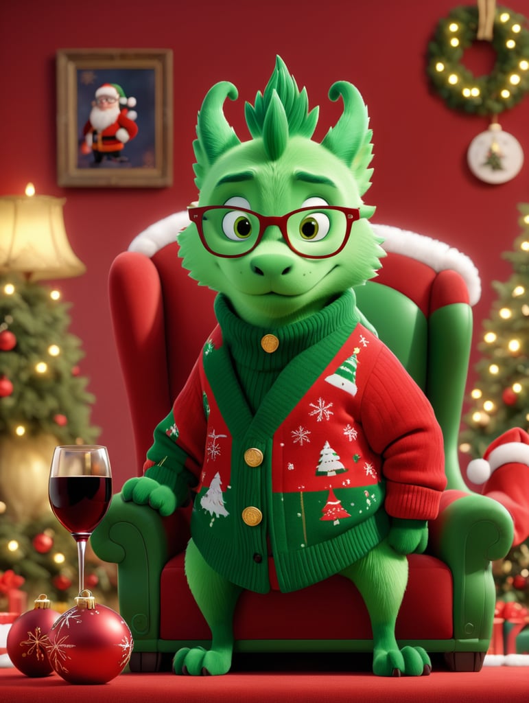 Green Draco seating on a red velour sofa. Draco wear a red christmas sweater.Draco wear a glasses and has a glass of red wine. It has a christmas interior. A backside wall has a picture with Poutin's portrait