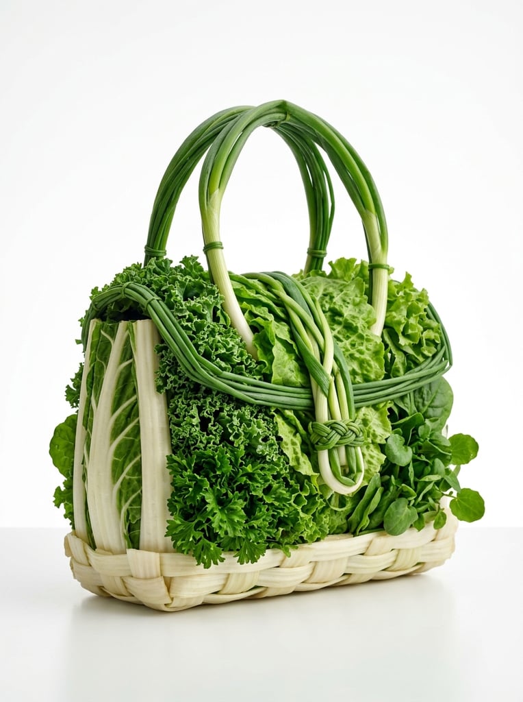 handbag sculpted from fresh leafy greens, thick white stalks forming the body, curved scallions as top handles and front clasp, seamless white background, conceptual still life photography, surreal organic fashion, crisp studio lighting