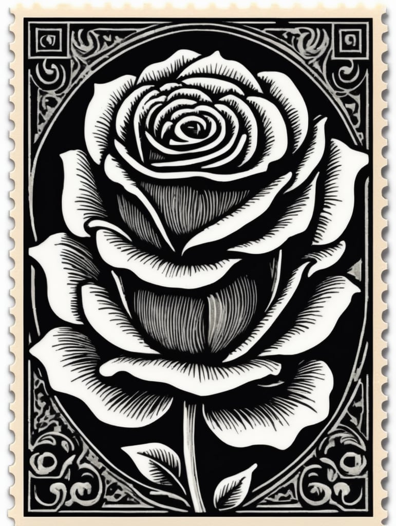 Black and white linocut postage stamp king with rose thick bold dark lines