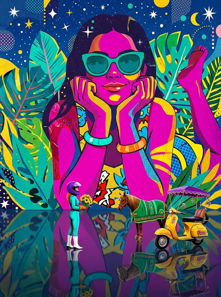 A surreal pop-art collage pairs a colossal magenta woman with miniature foreground elements against a starry blue sky. The giant figure wears teal sunglasses and rests her head on her hands amidst oversized green tropical leaves. Below her on a glossy reflective surface stands a small person in a purple motorcycle helmet and cyan outfit holding yellow flowers, a brown horse draped in a green blanket, and a vintage yellow scooter topped with a purple canopy.