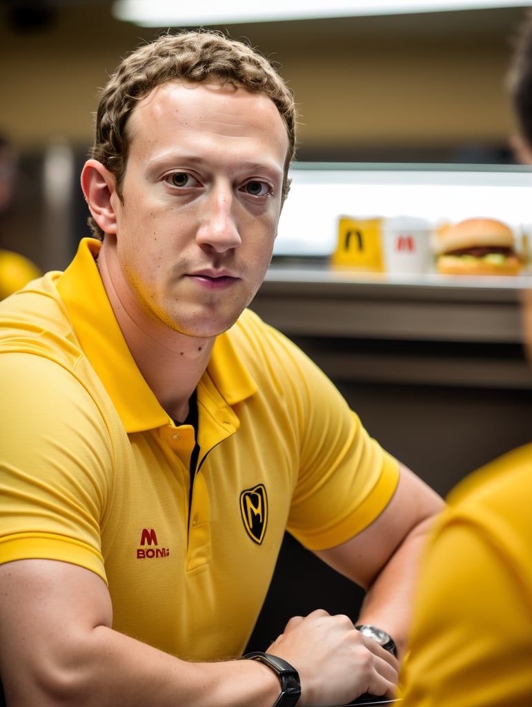 Mark Zuckerberg als Mc Donalds Arbeiter. Schweiß auf der Stirn und 3-Tagebart, Gelbes Poloshirt,