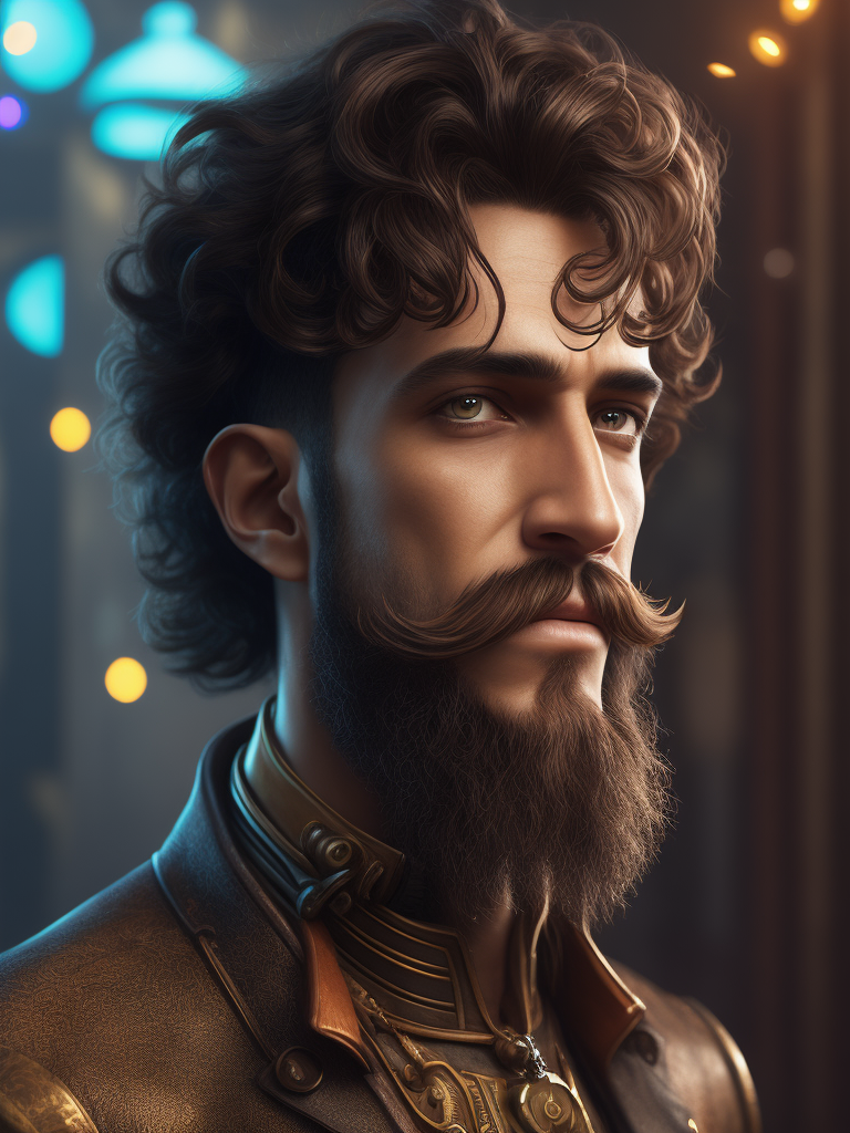 Steampunk man with a curly mustache with swirls of color behind him