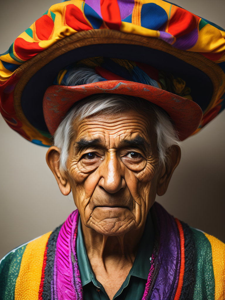 Portrait of a wrinkled colorful Mexican in a sambrero, an elderly man, a multi-colored shirt, a criminal, an evil face