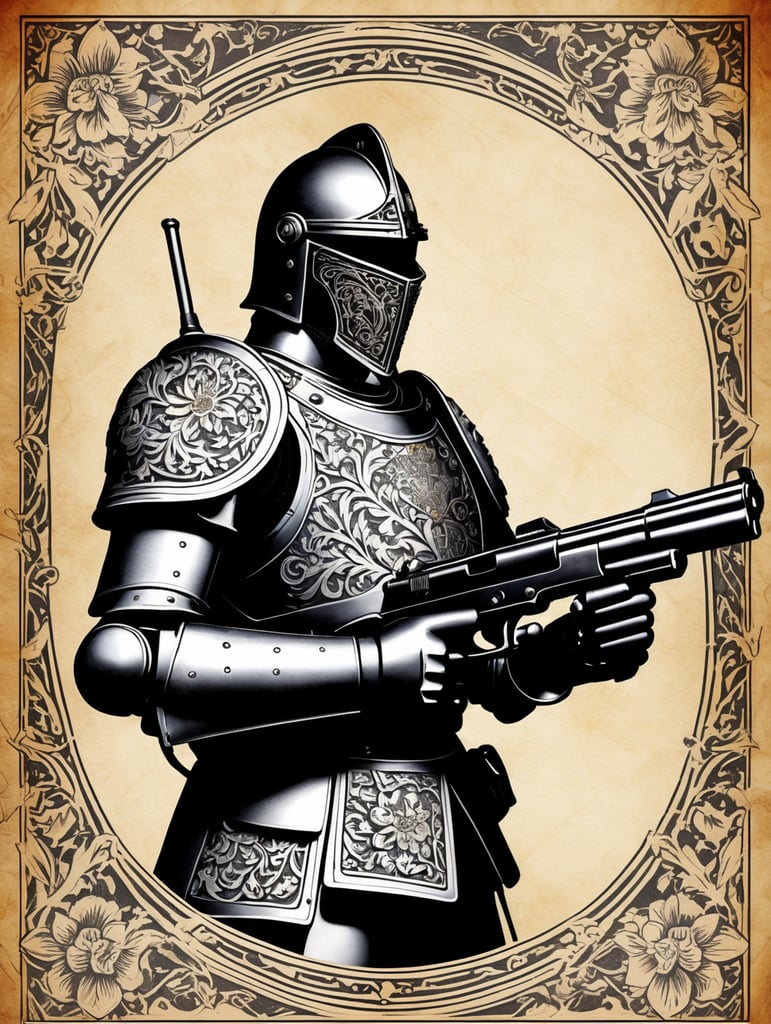 intricate floral parchment background, close up shots of one single ironclad armored medieval knight holding gun glock shooting POV, handgun wielding, firearm, vintageillustration, , with the latin texbox saying "unparriable"