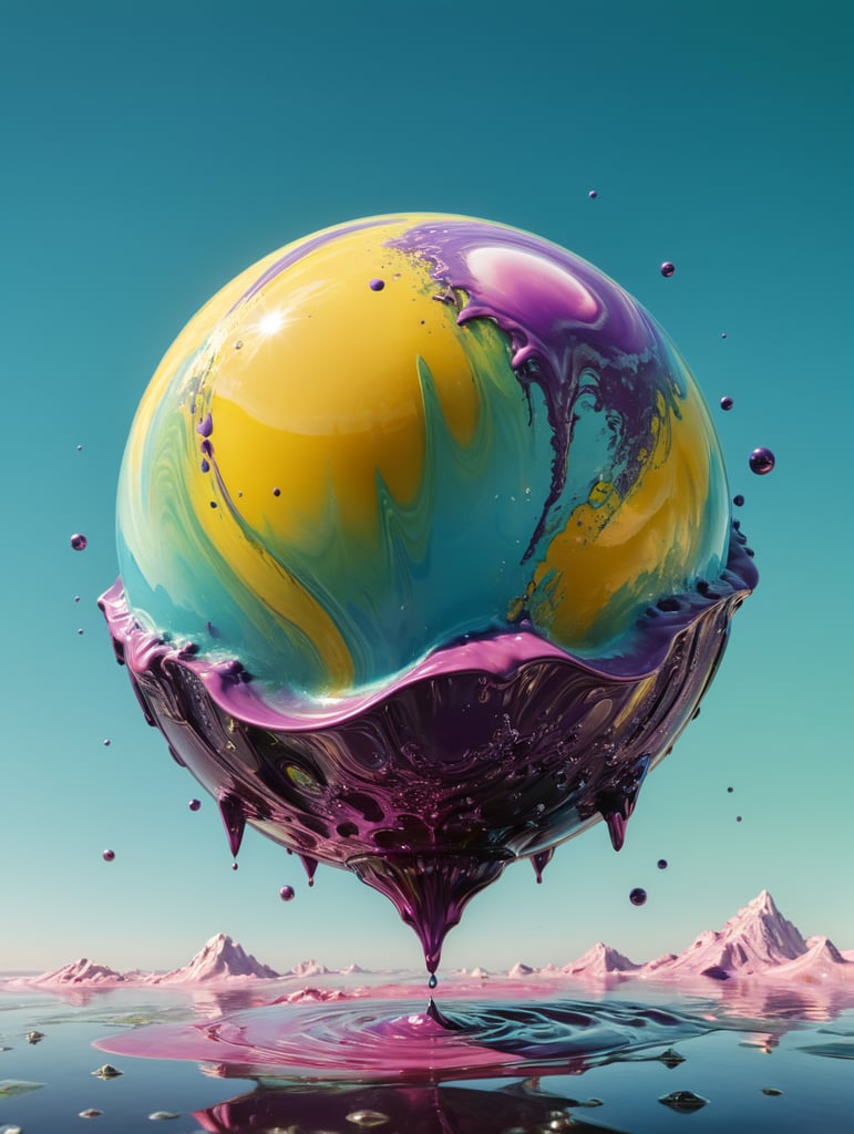 a singular object, floating in mid air, trippy, looks like a ball of liquid porcelain, gloss, shine, otherworldly, nature, photorealism, y2k, rave, plain light blue colour background, light green, pinks, purple, yellow