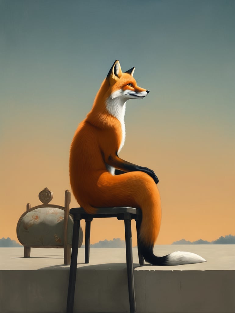 fox sitting on a chair looking to the horizon, illustration, painting, china, style of Liu Ye