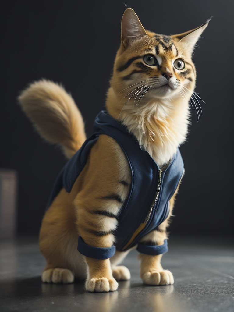 Photorealistic image of a Cat that looks like pikachu in a jumpsuit