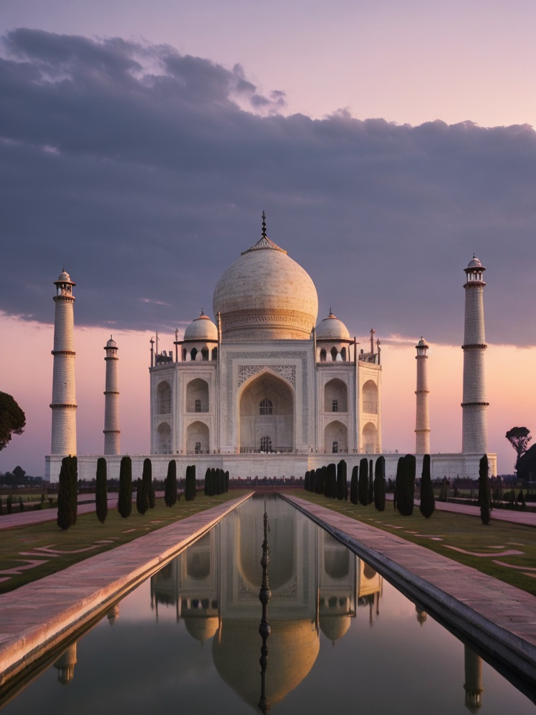 Taj Mahal, pink purple sunset,