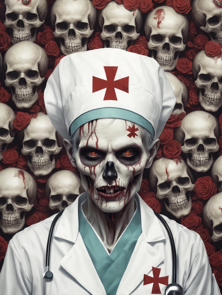 Zombie, nurse, skull background, drawin?