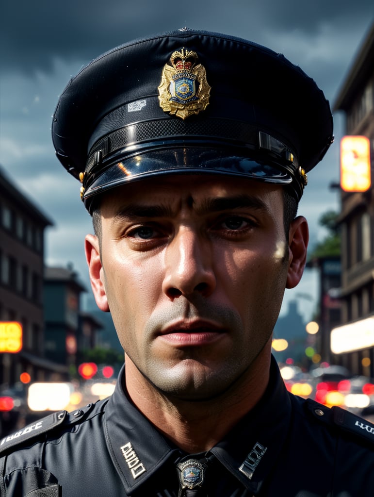 epic portrait of a Police Officer, city crime, British Columbia crime, Canada