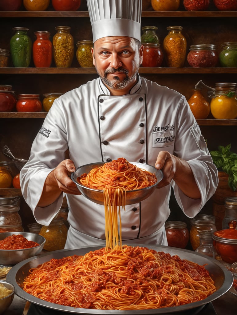 full standing centered Portrait of Pasta Sauce chef, bright and saturated colors, highly detailed, sharp focus, Bright expressive, Depth of field, Incredibly high detailed, on a white background
