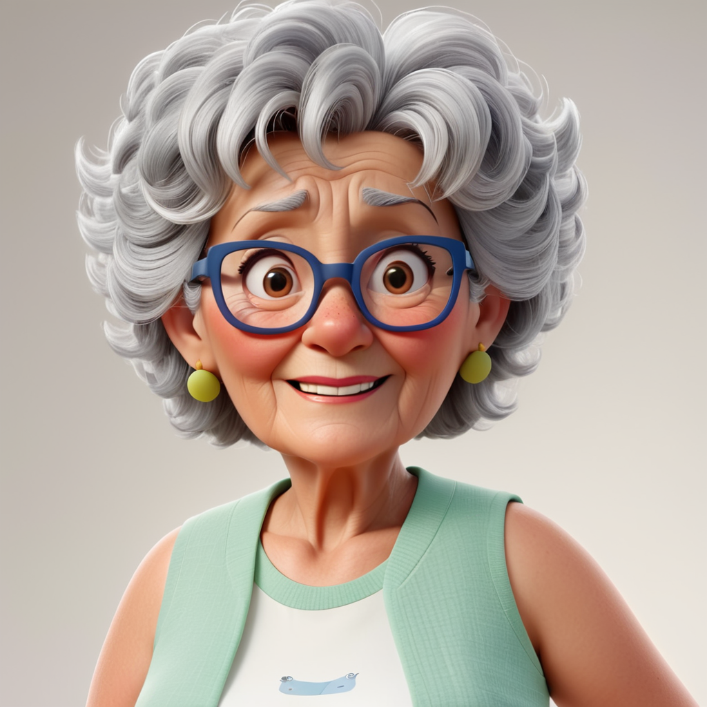 Uma senhora idosa de corpo todo, óculos quadrado, camiseta regata branca lisa, cabelo grisalho muito curto crespo, poucas sardas no rosto, estilo de animação 3d da Disney Pixar.