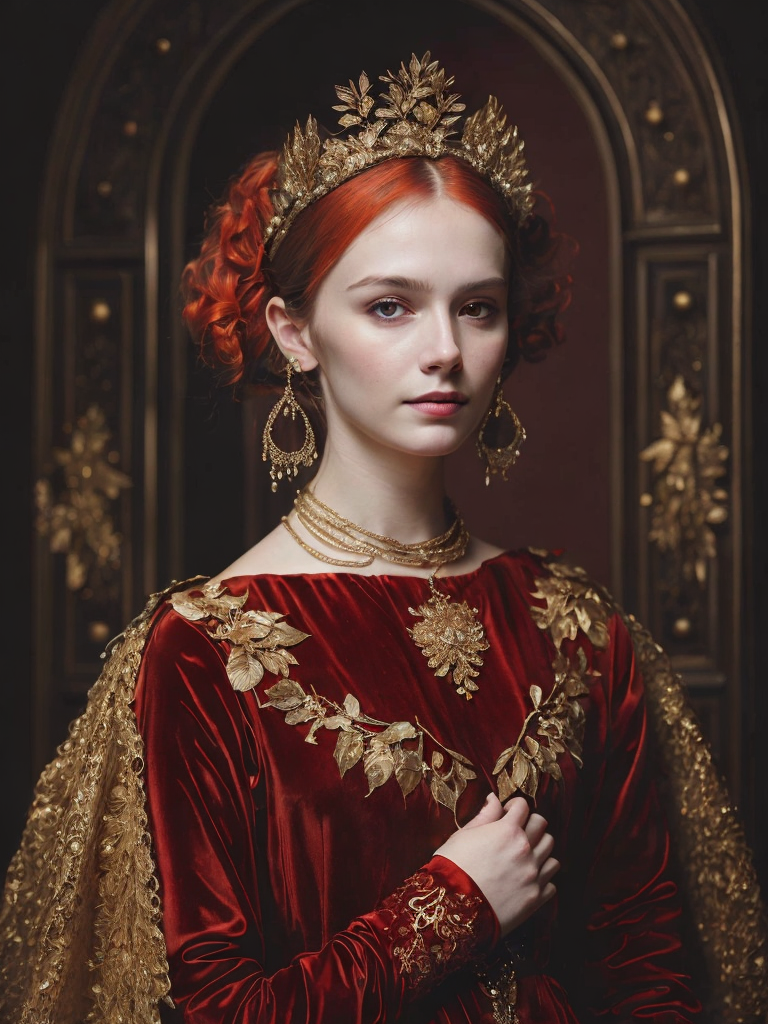A young girl with golden wings in a red velvet dress with golden embroidery, beads, expensive lace, with red hair, jewelry from the 15th century in her hair, a dark background with trees and castles, the style of Lucas Cranach the Younger, medieval style