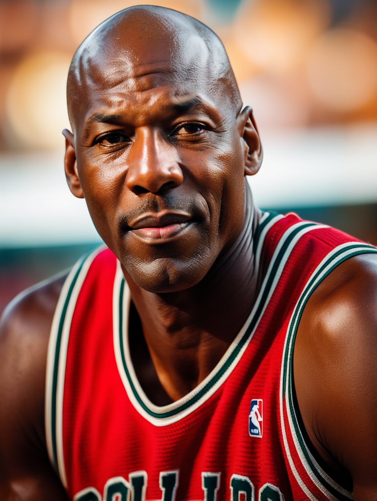 Portrait of Michael Jordan, bright and saturated colors, elegant, highly detailed, vogue, fashion magazine, sharp focus, bright expressive, dramatic lighting, depth of field, incredibly high detailed, blurred background'