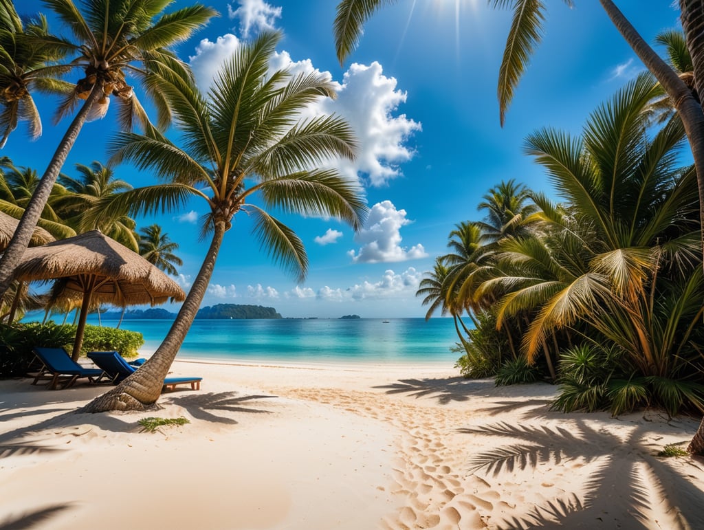 Blue sky and palm trees view from below, vintage style, tropical beach and summer background, travel concept