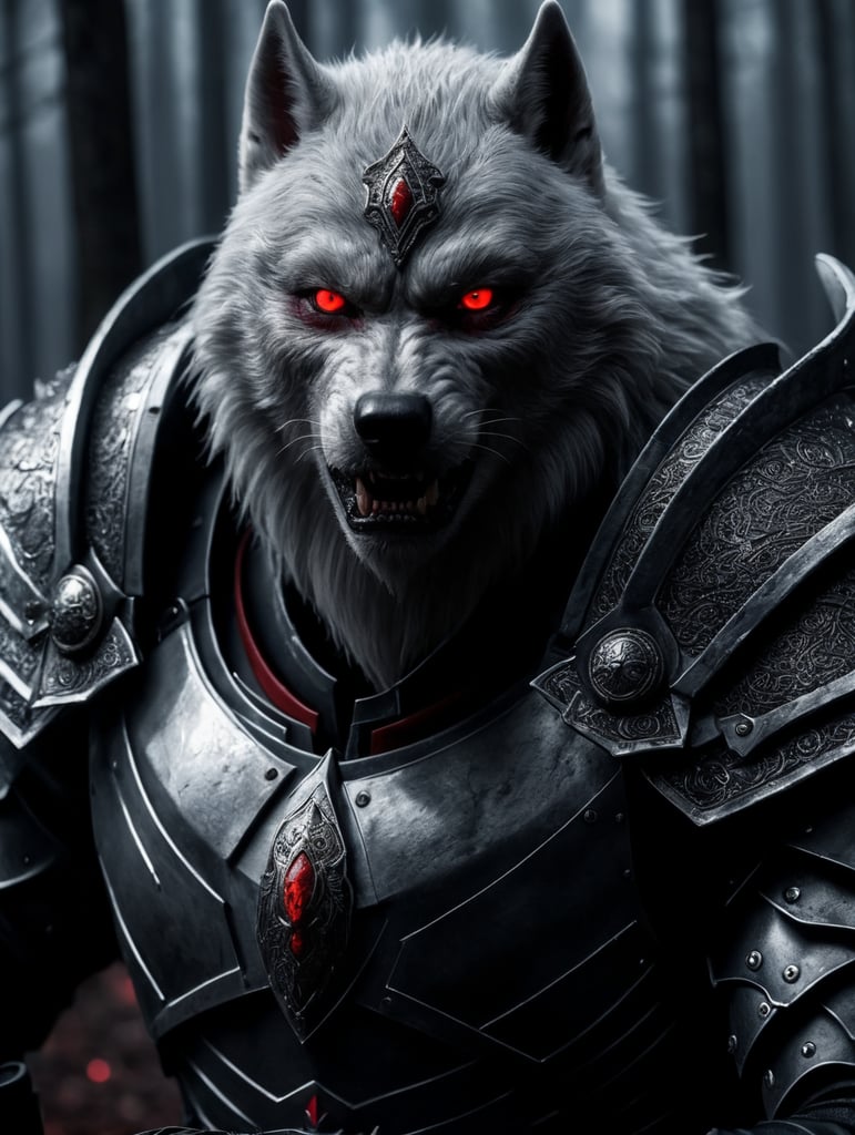 White werewolf elf assassin wearing armor with glowing red eyes